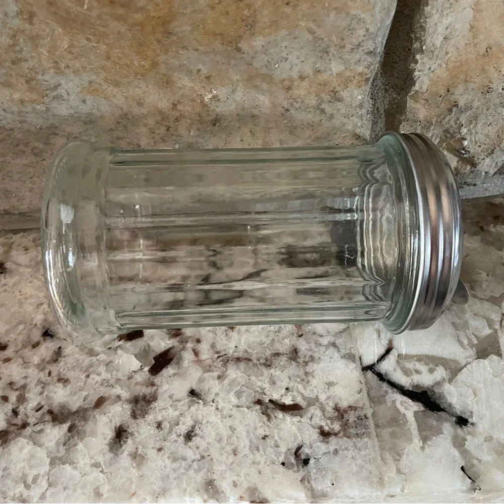 Vtg Ribbed Glass Sugar Shaker Dispenser Metal Flip Lid - Diner/Restaurant Style